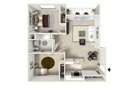 a stylized floor plan of a studio apartment