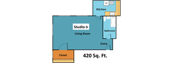 A floor plan of a studio apartment with a living room, kitchen, bathroom, and closet.