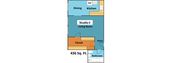 A floor plan of a studio apartment with a living room, kitchen, and bathroom.
