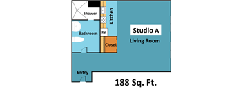 A floor plan of a studio apartment with a living room, kitchen, bathroom and closet.