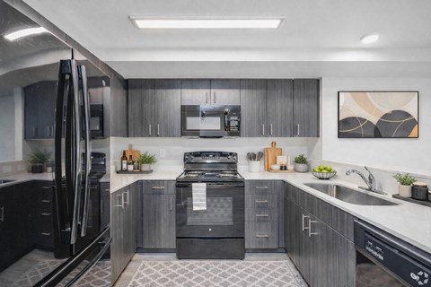 A modern kitchen with a black refrigerator and stove.