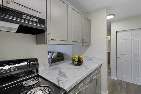 a kitchen with white cabinets and a stove and a sink