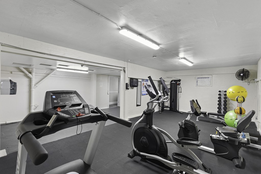 Fitness Center with Cardio Equipment and a Mirrored Wall at Carolina Court Apartment Homes, Seattle