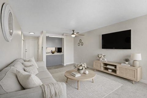 A living room with a grey couch, a wooden coffee table, and a flat screen TV mounted on the wall.