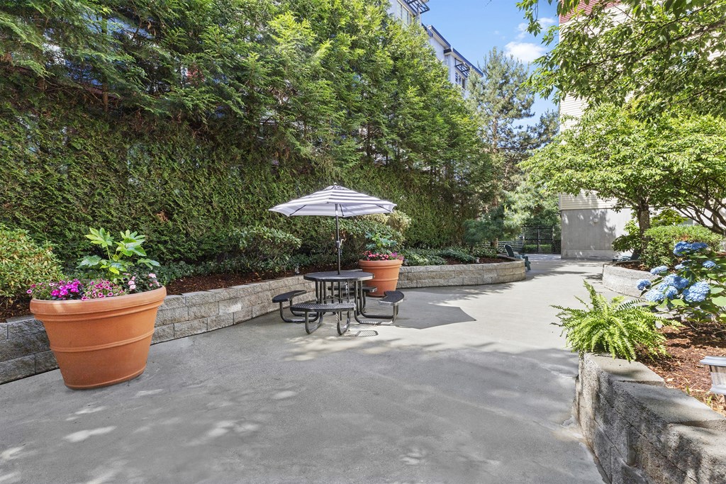 Resident Seating Area in Outdoor Lounge with Well-Landscaped Areas and Shaded Patio Table at Promenade at the Park Apartment Homes, Seattle, WA