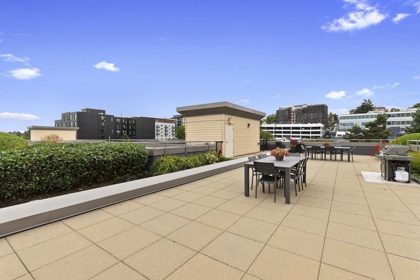 a roof top lounge space with a dining table and chairs a roof top lounge space with a dining table and chairs at Villaggio Apartment Homes, Washington, 98402 - Photo Gallery