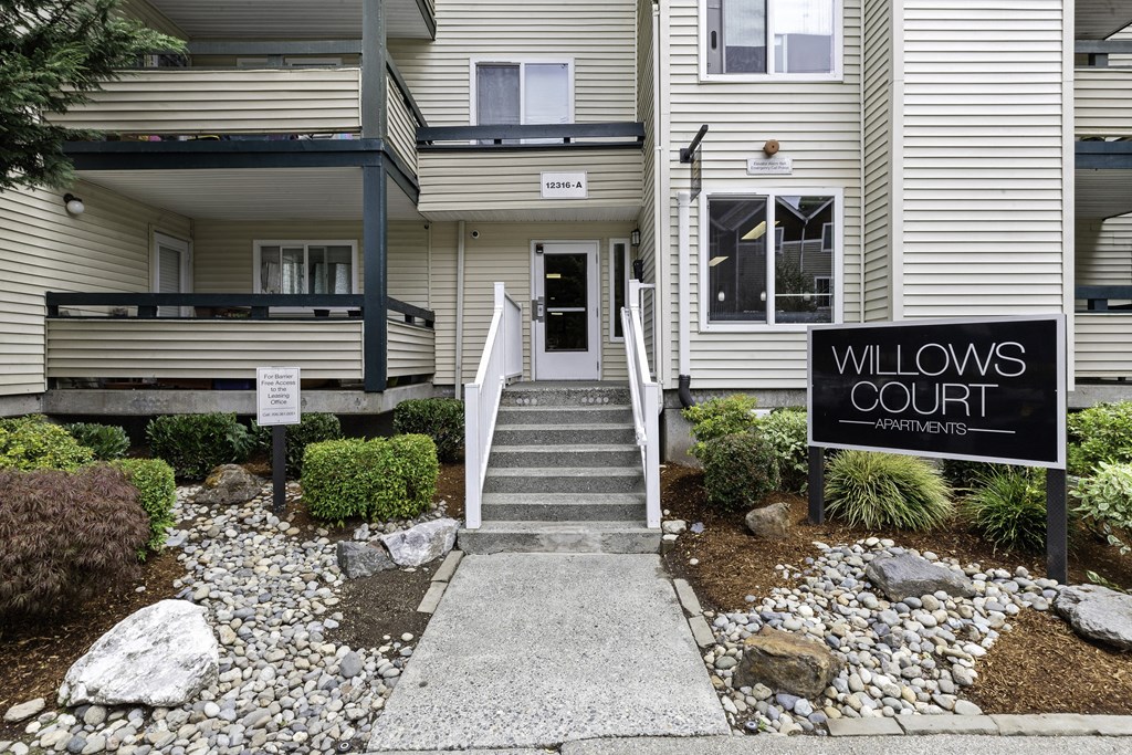 Front View of Property with Sign for Willows Court Apartment Homes, Seattle