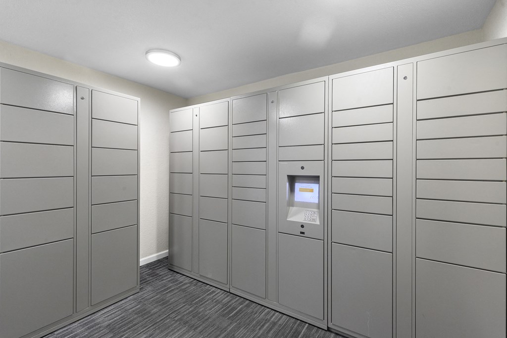 a row of grey Package receiving lockers in a room with a carpet and overhead lighting at Park Edmonds Apartment Homes, Edmonds, 98026