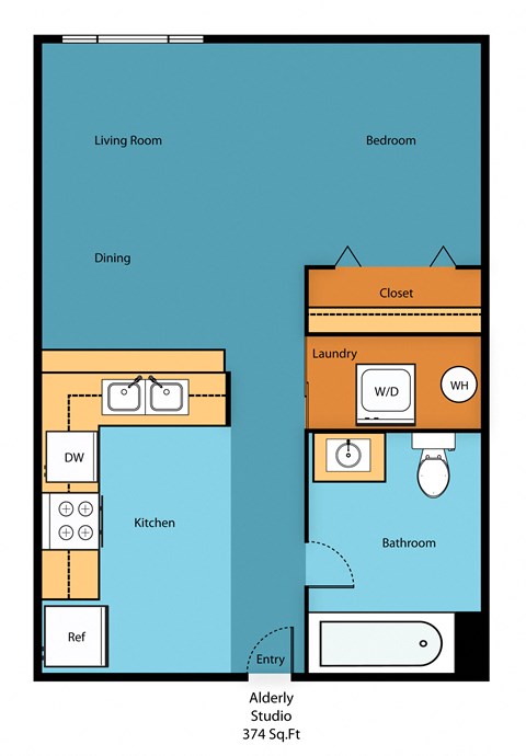 Studio Floor Plan at Excalibur Apartment Homes, Bellevue, 98004