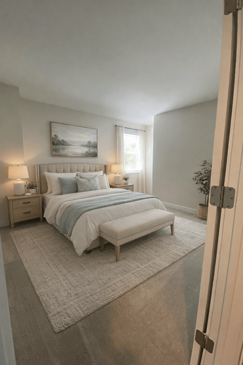 A bedroom with a large bed and a painting on the wall.