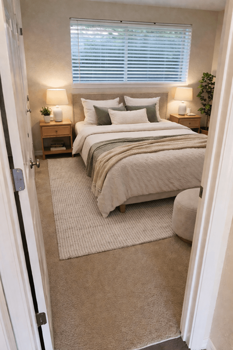 A bedroom with a large bed and two lamps on side tables.