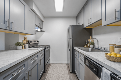 A kitchen with a black refrigerator and grey cabinets.