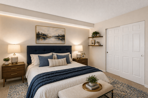 A bedroom with a large bed, a nightstand with a lamp, and a painting on the wall.