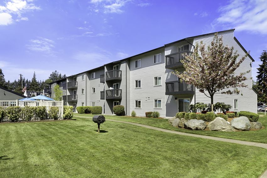 a grassy area with a tree in front of an apartment building a grassy area with a tree in front of an apartment building at Pacific Park Apartment Homes, Edmonds, WA - Photo Gallery