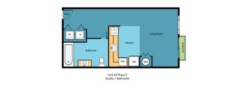 A floor plan of a studio apartment with a living room, kitchen, and bathroom.