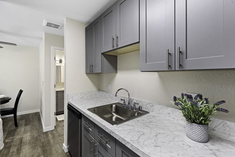 a kitchen with gray cabinets and a stainless steel sink