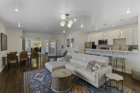 A living room with a white couch and a rug.