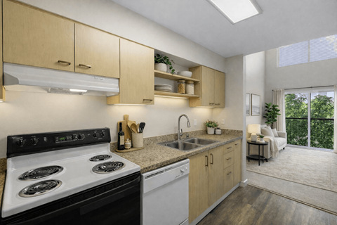 A modern kitchen with a black stove top oven and wooden cabinets.