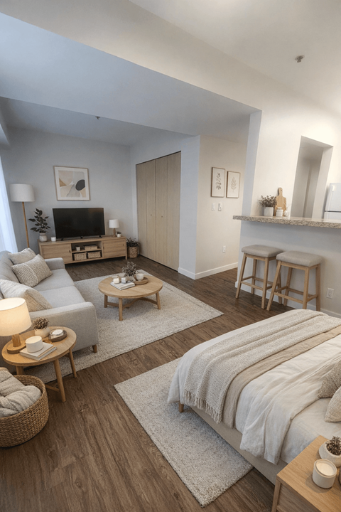 A well-lit, modern bedroom with a large bed and a cozy seating area.