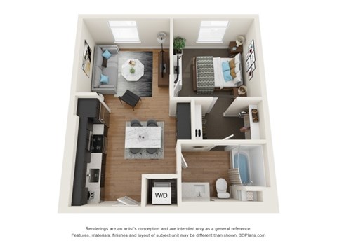 A 3D floor plan of a small apartment with a kitchen, living room, and bathroom.