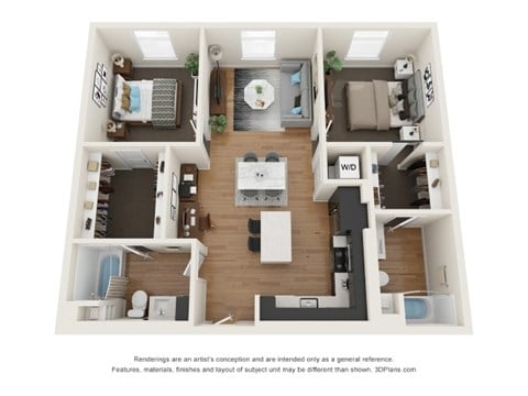A 3D floor plan of a house with a kitchen, living room, dining room, and bathrooms.
