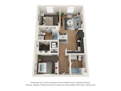 A 3D floor plan of a small apartment with a kitchen, living room, and bathroom.