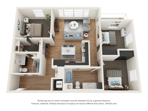 A 3D floor plan of a house with a kitchen, living room, and bedrooms.