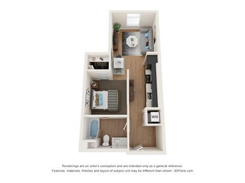 A 3D floor plan of a small apartment with a kitchen, living room, and bathroom.