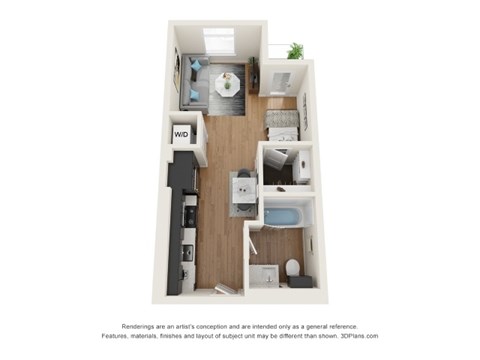 A 3D floor plan of a small apartment with a kitchen, living room, and bathroom.