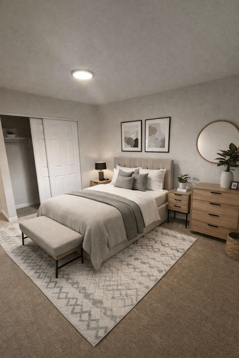 A bedroom with a bed, nightstand, and a rug.