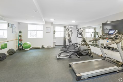 A gym with treadmills, exercise balls, and other equipment.
