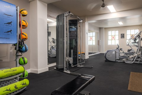 A gym with a variety of equipment including a squat rack, weights, and a treadmill.