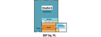 A diagram of a 307 square foot Studio B living room.