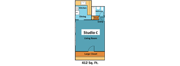 A floor plan of a 412 square foot studio apartment with a living room, kitchen, dining area, bathroom, and closet.