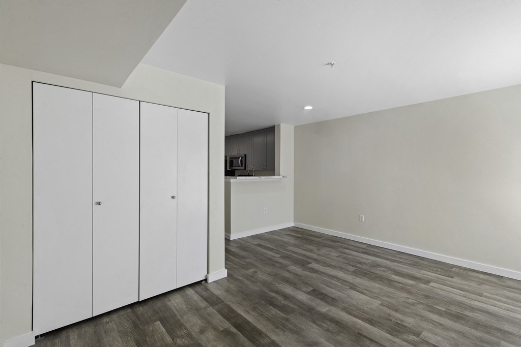 Living Area with a medium sized white Coat Closet and Small View of Kitchen in the Background at Excalibur Apartment Homes, Bellevue, WA