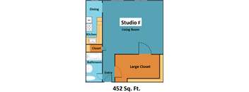 A floor plan of a studio apartment with a living room, kitchen, bathroom, and closet.