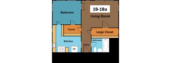 A diagram of a living room with a large closet and a kitchen area.