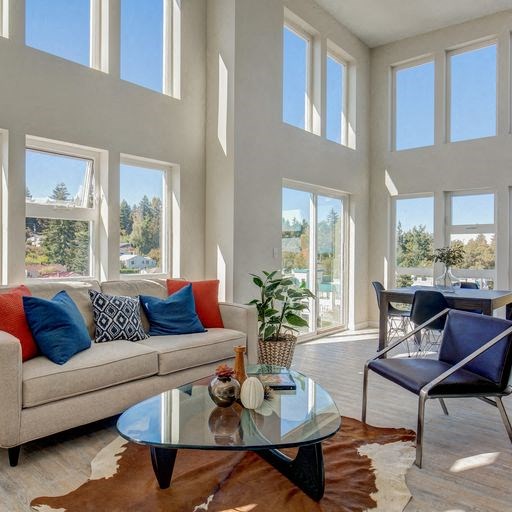 a living room with a couch and a table