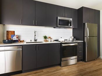 Modern, Flat-Panel Cabinets with Under-Cabinet Lighting at Postmark Apartments, Shoreline, WA 98155