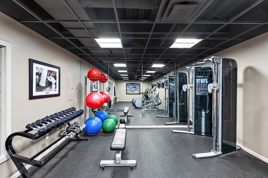 A gym with a variety of equipment including a bench, weights, and a rowing machine at MainCentre, Northville