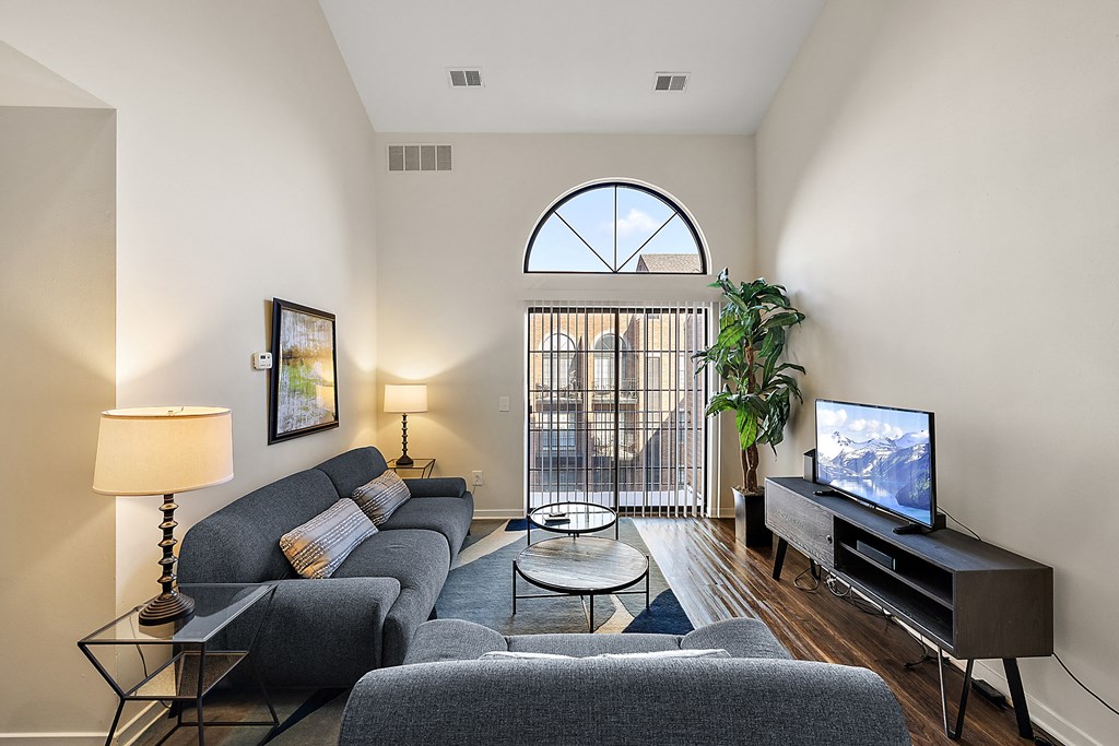 A living room with a grey couch, a television, and a large window at MainCentre, Northville