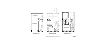 three floor plan of a house with a garage  at Mainstreet Village, Novi, Michigan