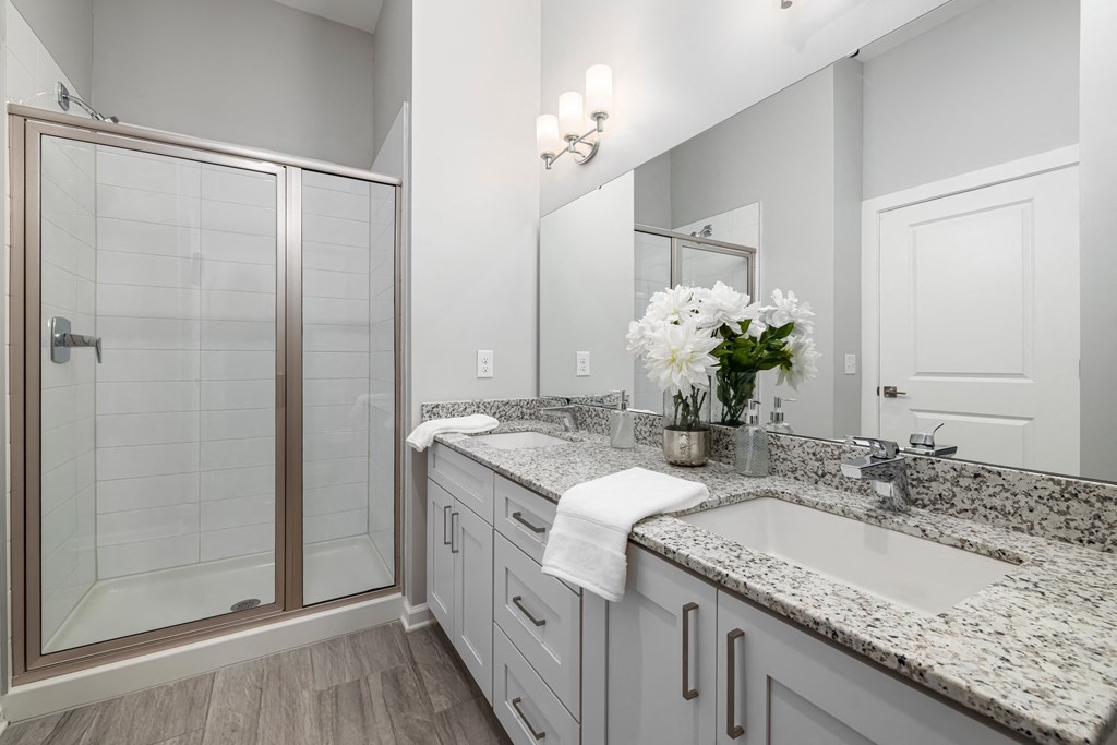 Primary Bath with Walk in Shower & Double Vanities at Griffin Weston, Cary, NC, 27513