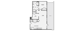A floor plan of a house with a den, living room, kitchen/dining area, bathroom, and bedrooms.
