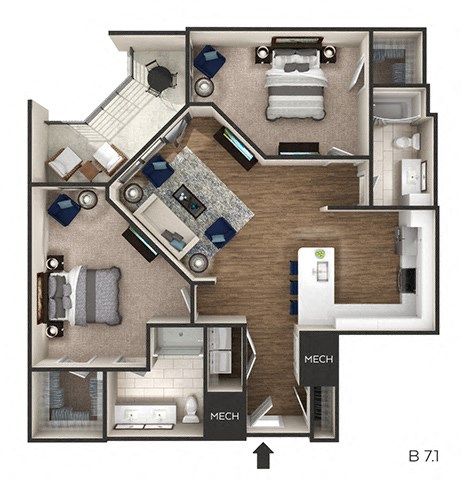 2 bed 2 bath 1,255 Sq. Ft. floor plan D at The Griffin Royal Oak, Royal Oak, Michigan