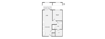 A black and white image of a house floor plan with a living room, kitchen/dining area, bedroom, bathroom, and balcony.