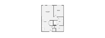 A black and white image of a floor plan for a home with a living/dining area, kitchen, bathroom, and bedroom.