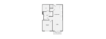 A black and white floor plan of a house with a living room, dining room, kitchen/dining area, two bedrooms, a bathroom, and a balcony.
