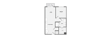 A floor plan of an apartment with a living room, kitchen/dining area, and two bedrooms.