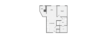 A black and white floor plan of a house with a den, living room, kitchen/dining area, bathroom, and bedroom.